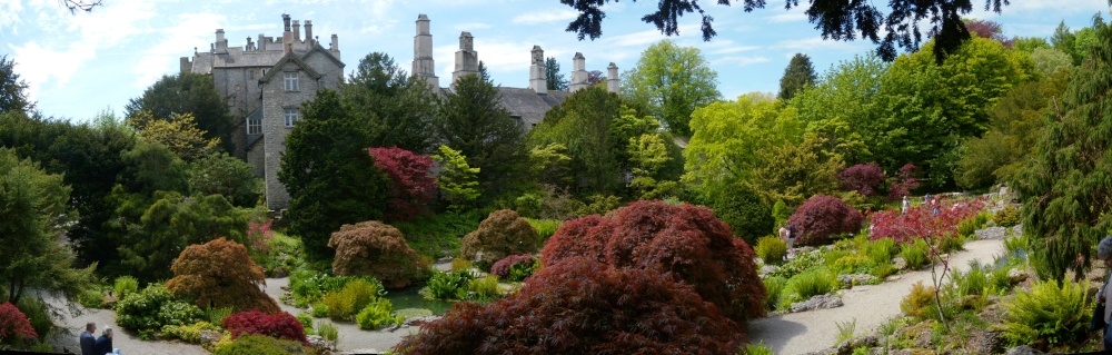 Sizergh Castle gardens with castle beyond