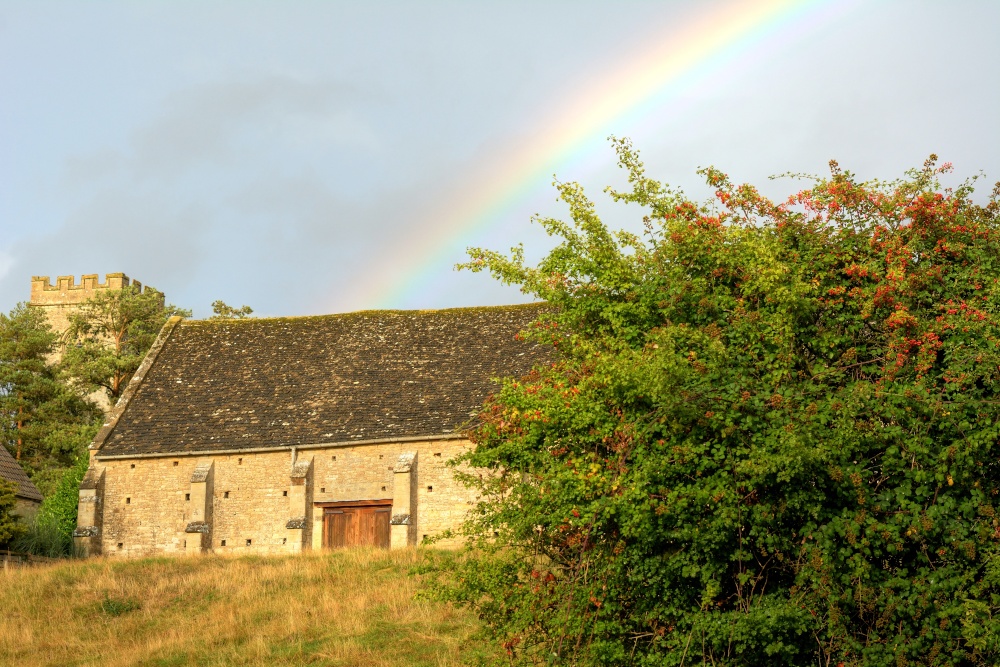 Rainbow over Tithe Barn at Upper Heyford, Oxfordshire