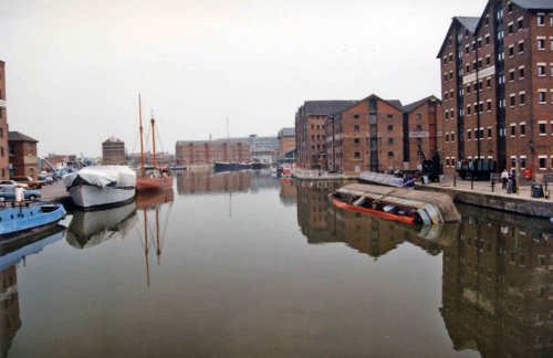 Gloucester Docks. Showing the huge victorian warehouses, and a sunken boat. 1990