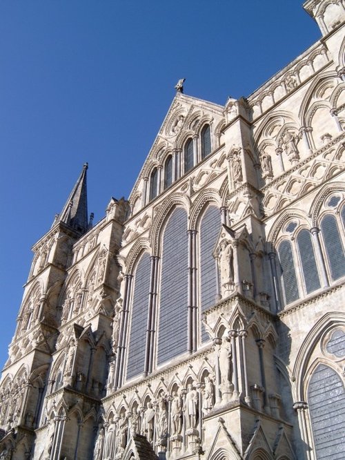 Salisbury Cathedral close-up. The detail on the cathedral facades is amazing.