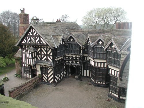 Overhead view of the courtyard at Little Moreton Hall