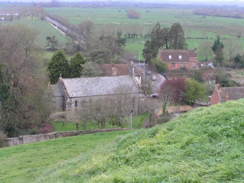 Burrow Bridge. View of the church, bridge and river from the Mump.