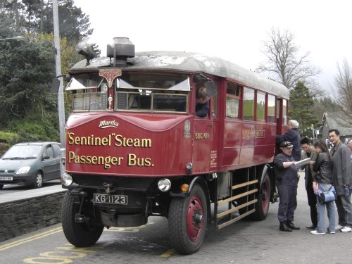 Very old sentinel passenger steam bus. You can pay and ride around Bowness