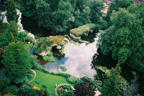 View from tower of Warwick castle on the River Avon and near by park.