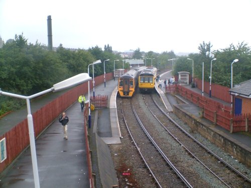 Two passing trains at Accrington staition