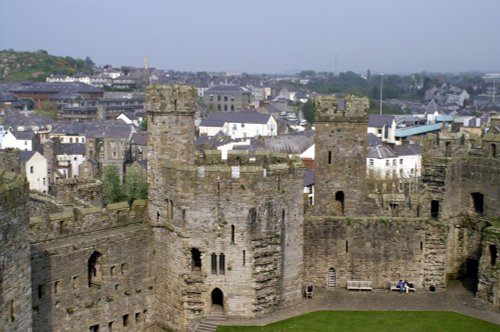 Caernarfon Castle and town from a tower in the castle. North wales, May 2006