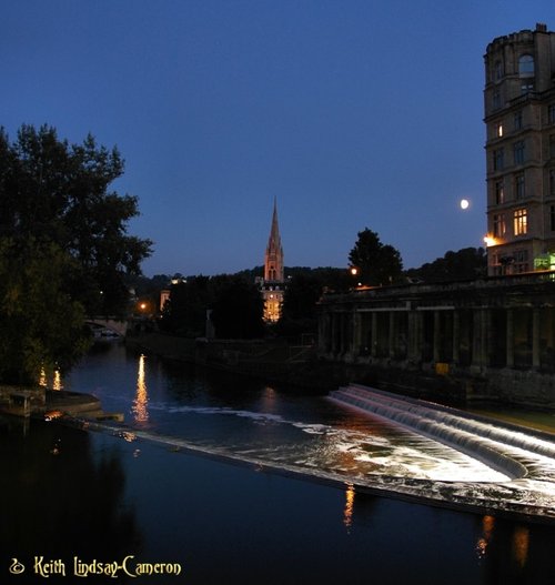 Bath weir and St John's Church viewed from Pulteney Bridge.