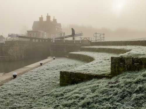 Alone on Bishop Meadow Lock on a foggy morning