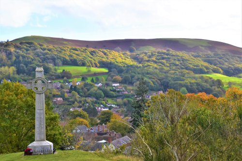 A war memorial overlooking the town of Church Stretton.