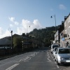 At end of main road through Whalley, Lancashire, with view of hill.