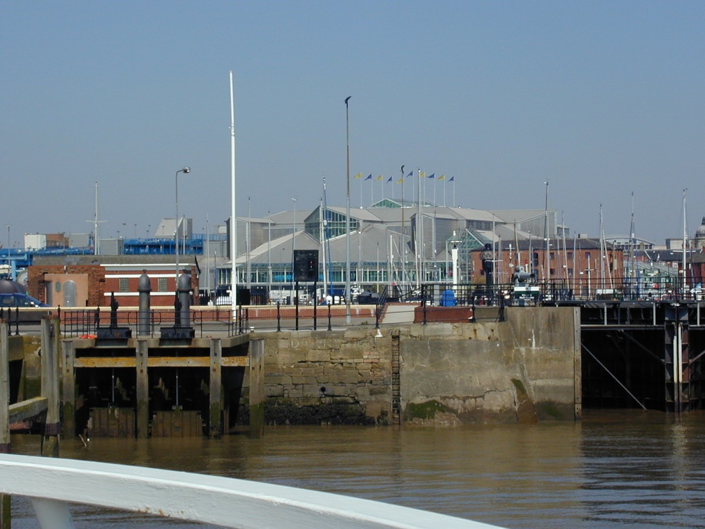 Looking across the marina towards Princess Quay Shopping centre; Humber Dock Basin in foreground.