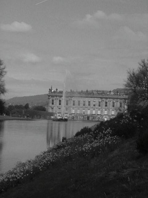 Black and white picture of part of Chatsworth House