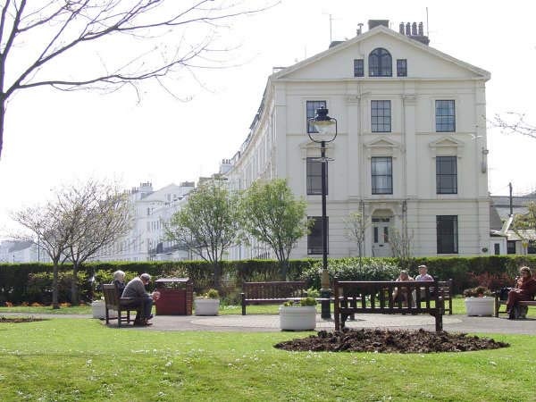 The imposing Victorian gable of No.1 The Crescent and The Evron Centre Gardens