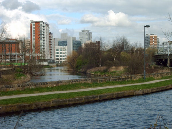 River Aire (left) and Leeds and Liverpool Canal winding their way into City Centre Leeds
