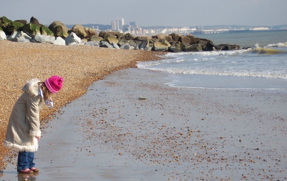 Looking east from Southwick Beach. Brighton city in distance