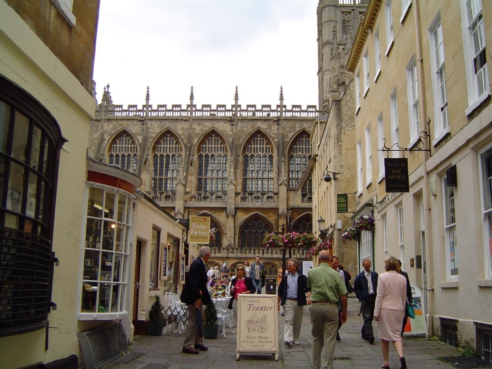 Walking street in Bath with Bath Abbey in background