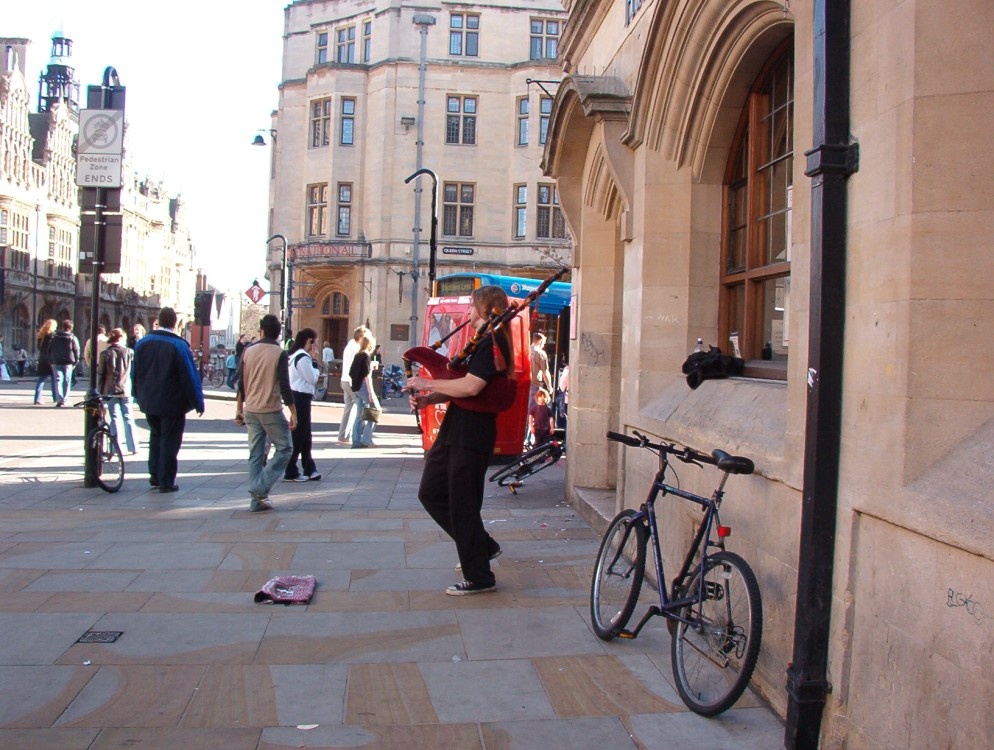 a bagpiper on the streets of Oxford, March 18, 2005