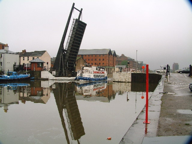 Gloucester Docks. Boat trip returning into the basin through a lifting road bridge