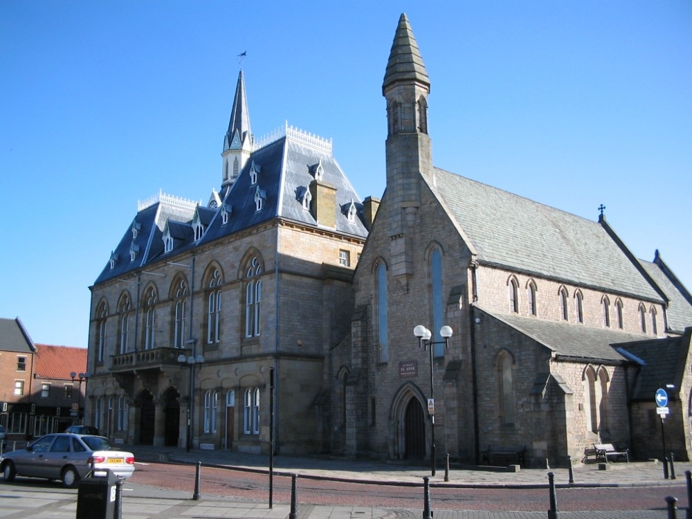 Bishop Auckland market place. Town hall and St Anne's church.