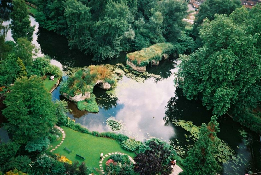 View from tower of Warwick castle on the River Avon and near by park.