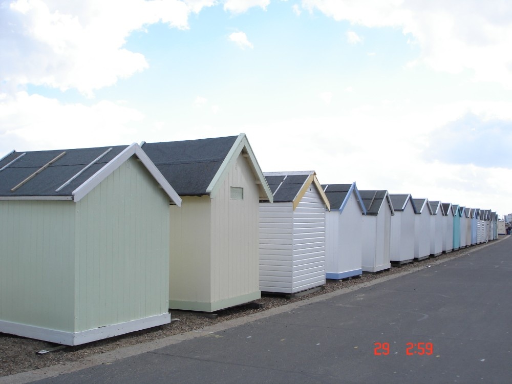 Serial Cloak houses at beach. Felixstowe, Suffolk