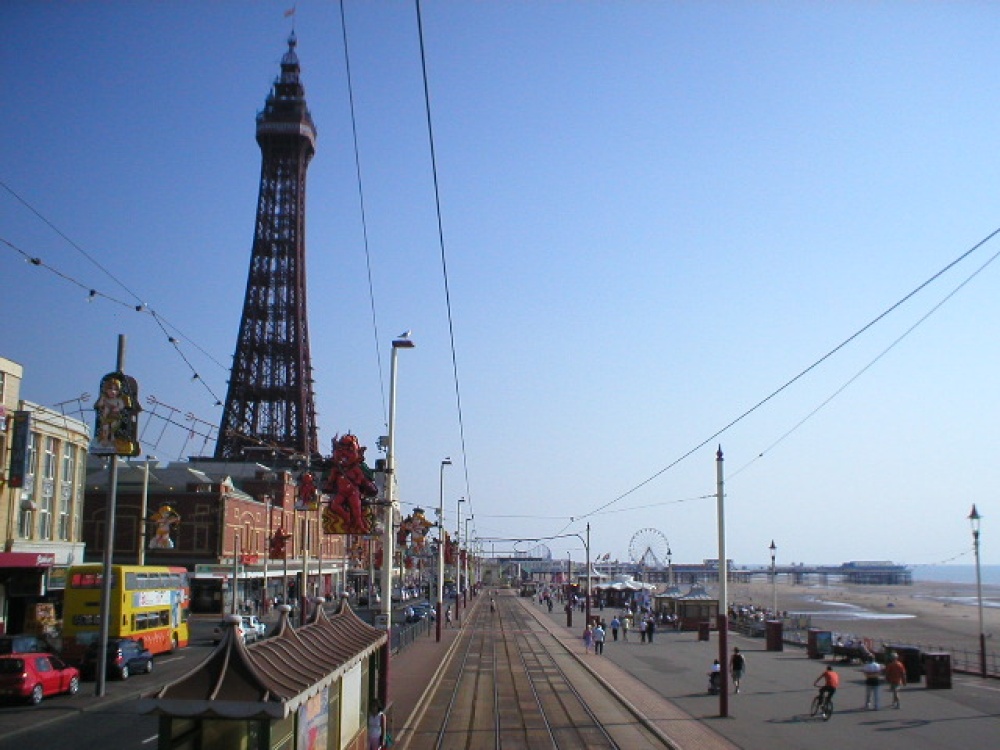 View of Blackpool Tower from the top of an open top tram, waiting at North Pier tram stop.