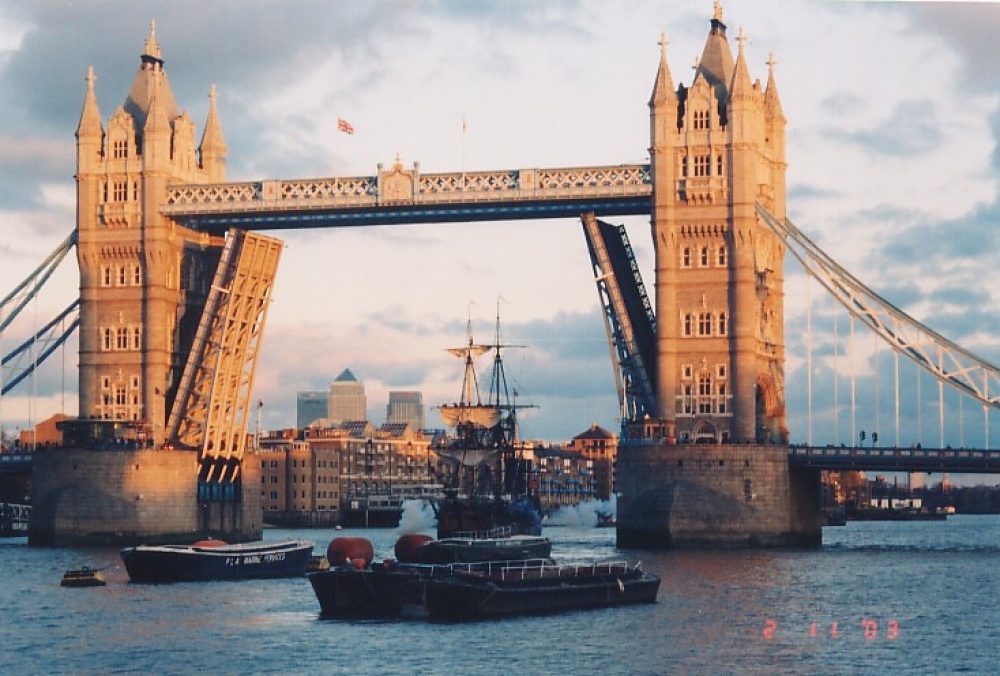 A view of Tower bridge with an old ship. London