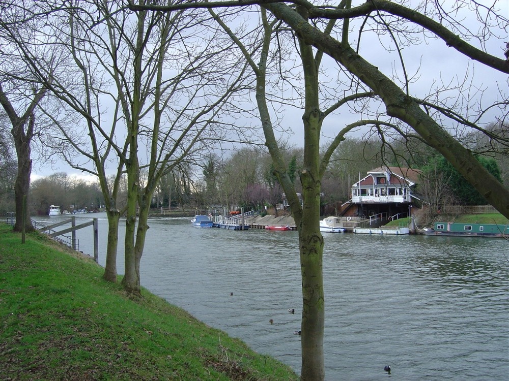 River Thames in Weybridge, Surrey. In summer the people walk around and trip in boat.