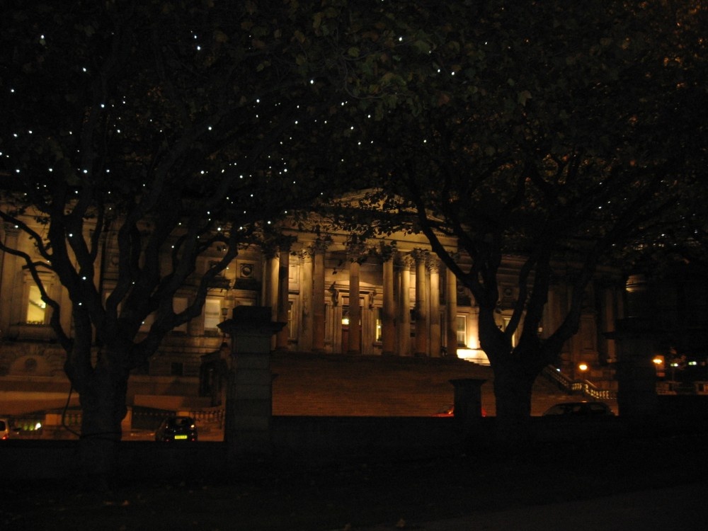 Museum just up from Mersey Tunnel in Liverpool. Trees had Christmas lights on. Oct 2005