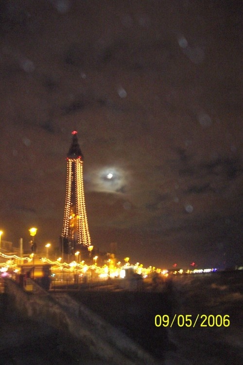 Long view of Blackpool Tower at night.