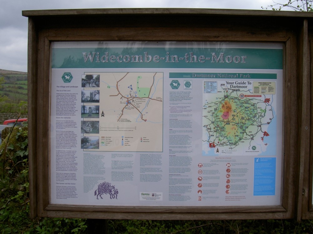Photograph of Widecombe in the Moor Tourist Information sign, Devon.