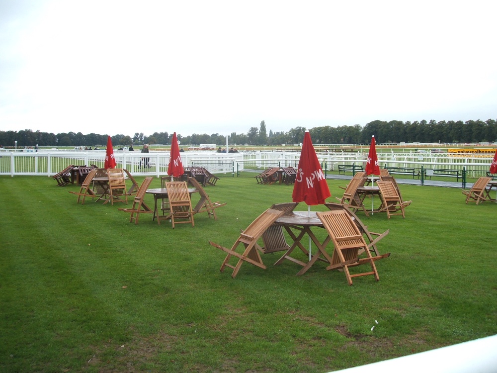 A grey day at Worcester Racecourse and the Pimms lawn is empty. Definately not Pimms o'clock then. photo by Clive Thompson