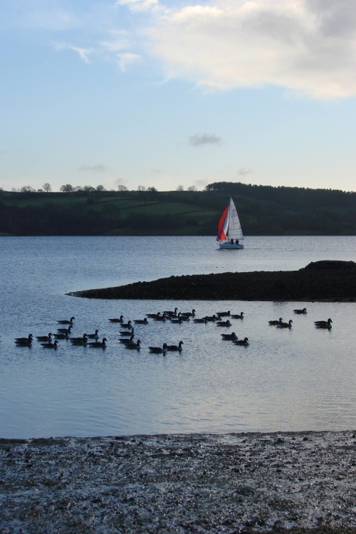 Boating on Carsington Water, near Ashbourne, Derbyshire.