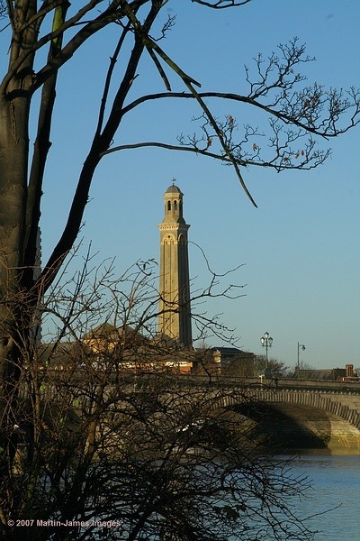 London River Thames, Kew Bridge Pumping station tower, winter light.