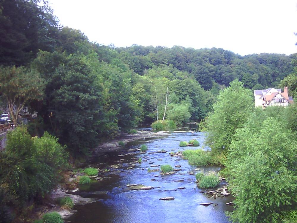 Photograph of Summer vista - The river Teme west of Ludford bridge viewed from the bridge. Ludford, Shropshire.