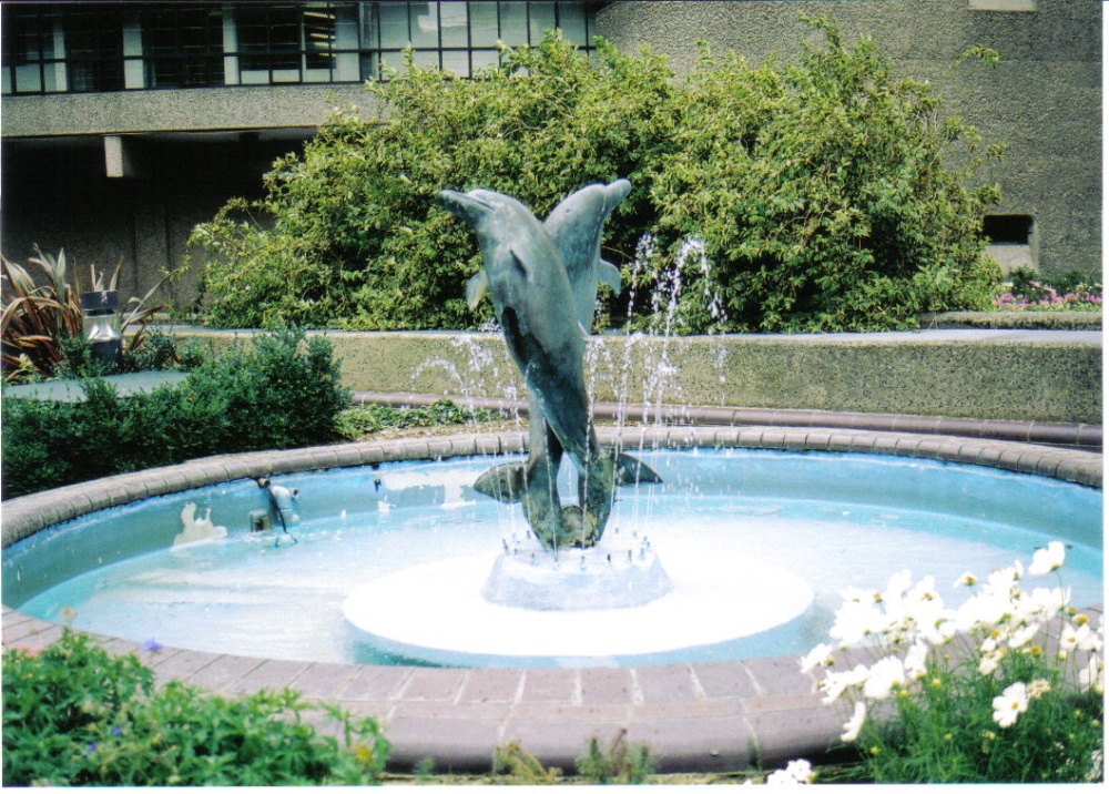 The summer waterfall at the Barbican, London.