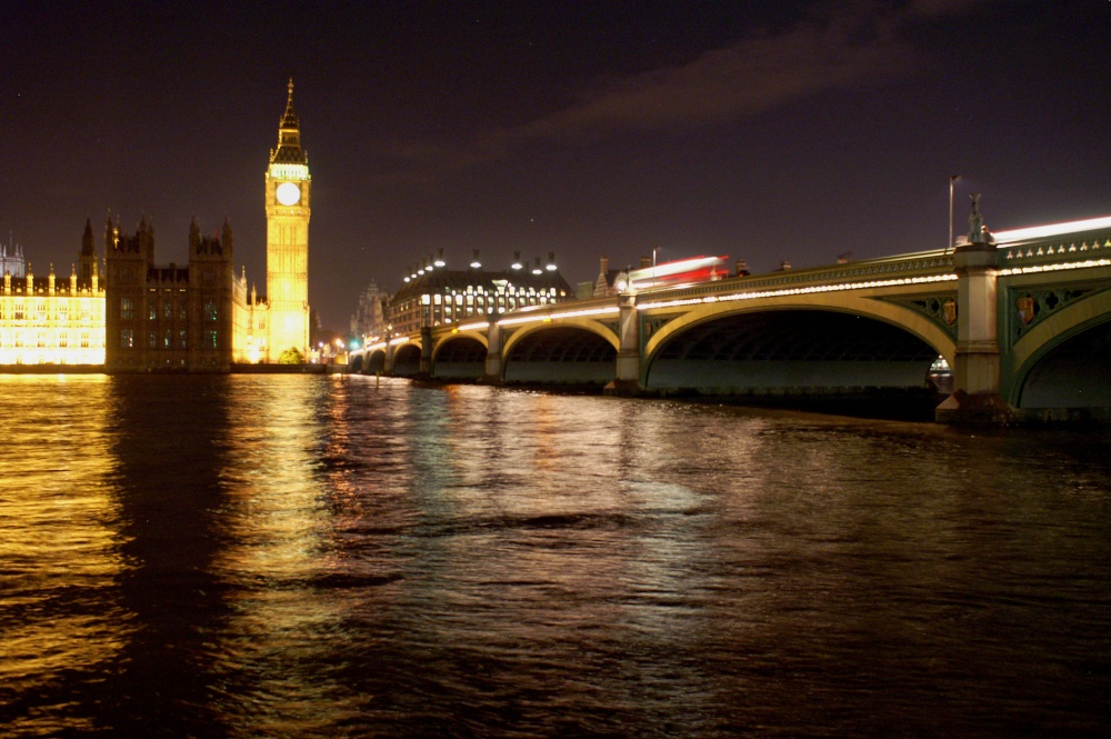 Big Ben and Westminster Bridge by night, London, Greater London photo by Øyvin Dybsand