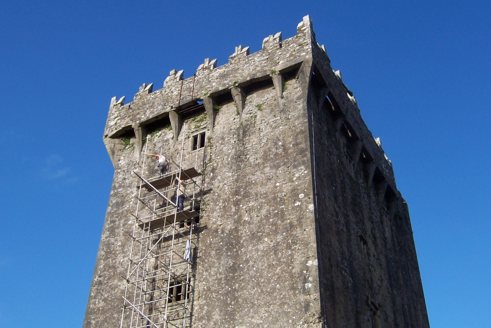 About 85 -100 feet up the back wall of Blarney Castle