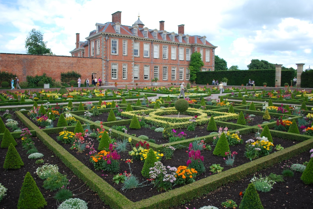 Photograph of Hanbury Hall with the gardens in full bloom