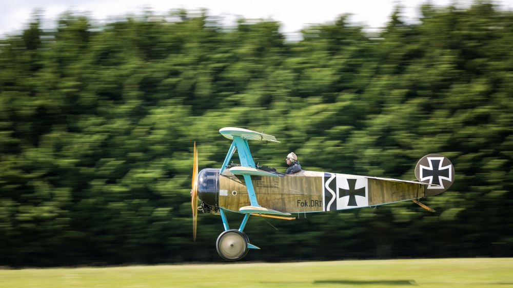 Photograph of Focker DR1 Replica departing White Waltham Airfield