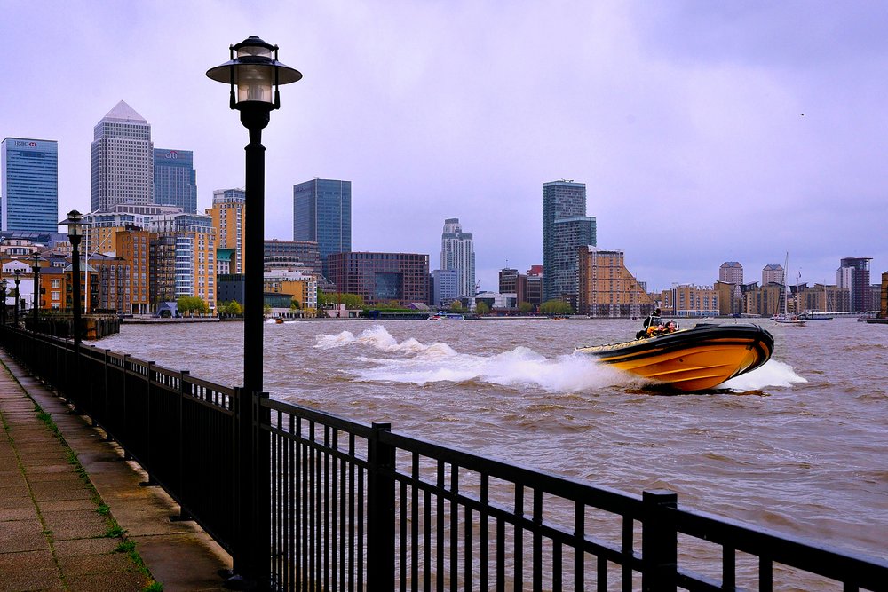 Canary Wharfe View from Limehouse with Thames Rib